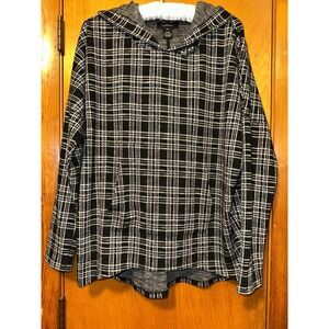 Karen Kane Pullover Hoodie Women Size XS Black Plaid Pocket Short Sleeve Sweater